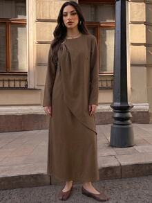 Breezaya Women's Solid Color Metal Decor Long Sleeve Casual Dress - Brown - View 6