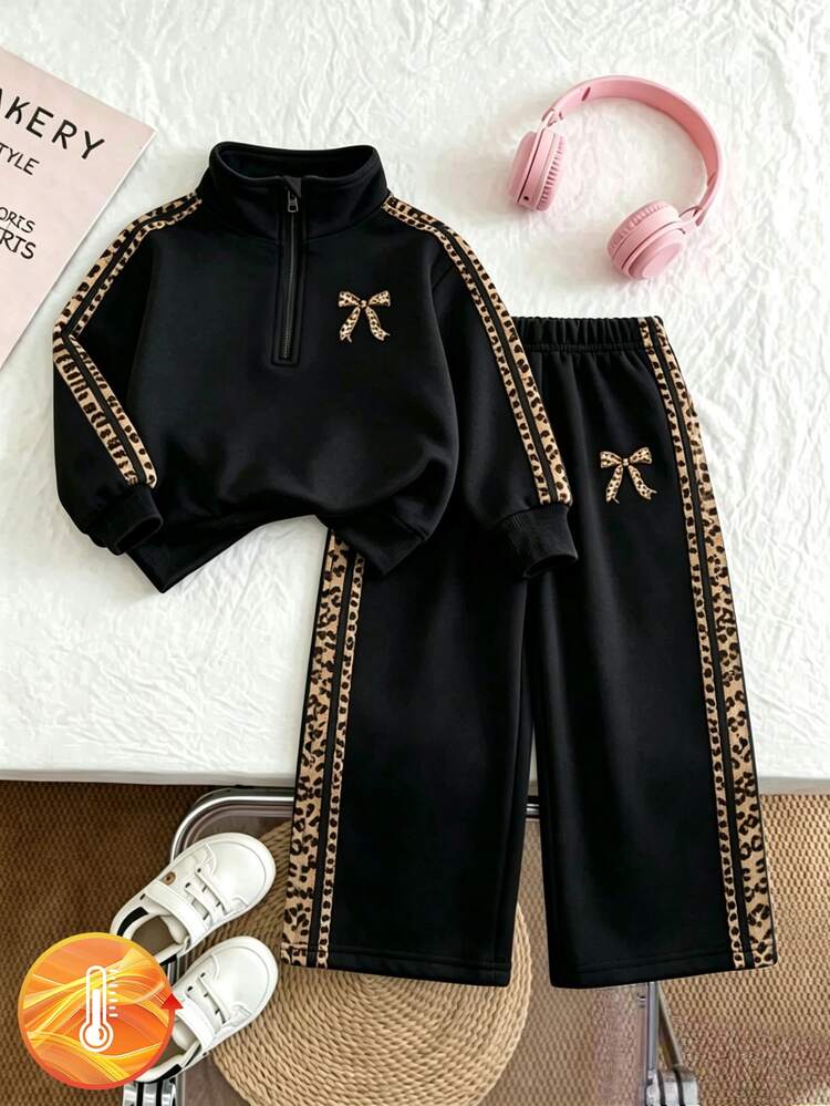 Young Girl 2pcs Set Casual Fashion Spring Autumn Winter Girls Stand Collar Sweatshirt & Wide Leg Sweatpants Outfit, Sweet Cool Leopard Print Pattern, Leopard Bowknot Print, Outing Set, Soft Fabric, Fashion Wide Leg Pants Style, Spring Autumn Winter Girls Clothing Set, Girls Wide Leg Pants Outfit - Black - View 1