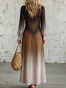 SHEIN Holidaya New Daily Minimalist Commute Gradient Stand Collar Petal Sleeve Women's Long Dress - Multicolor - View 3