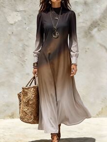 SHEIN Holidaya New Daily Minimalist Commute Gradient Stand Collar Petal Sleeve Women's Long Dress - Multicolor - View 4