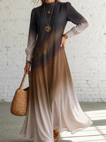 SHEIN Holidaya New Daily Minimalist Commute Gradient Stand Collar Petal Sleeve Women's Long Dress - Multicolor - View 7
