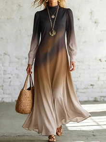 SHEIN Holidaya New Daily Minimalist Commute Gradient Stand Collar Petal Sleeve Women's Long Dress - Multicolor - View 5