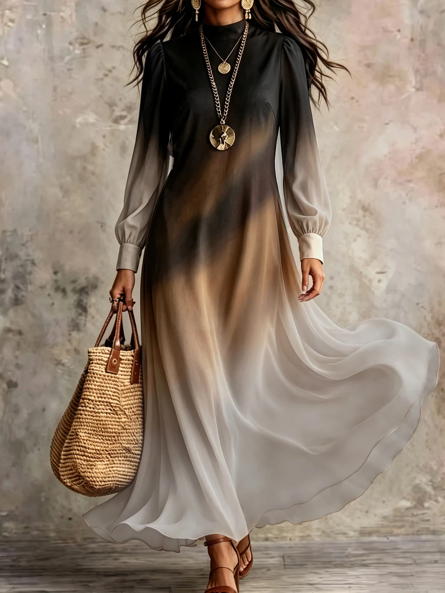 SHEIN Holidaya New Daily Minimalist Commute Gradient Stand Collar Petal Sleeve Women's Long Dress