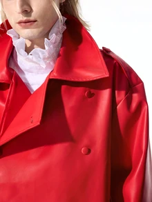 ROMWE MEN Street Life Men's Solid Color PU Leather Double-Breasted Long Sleeve Jacket - Red - View 2
