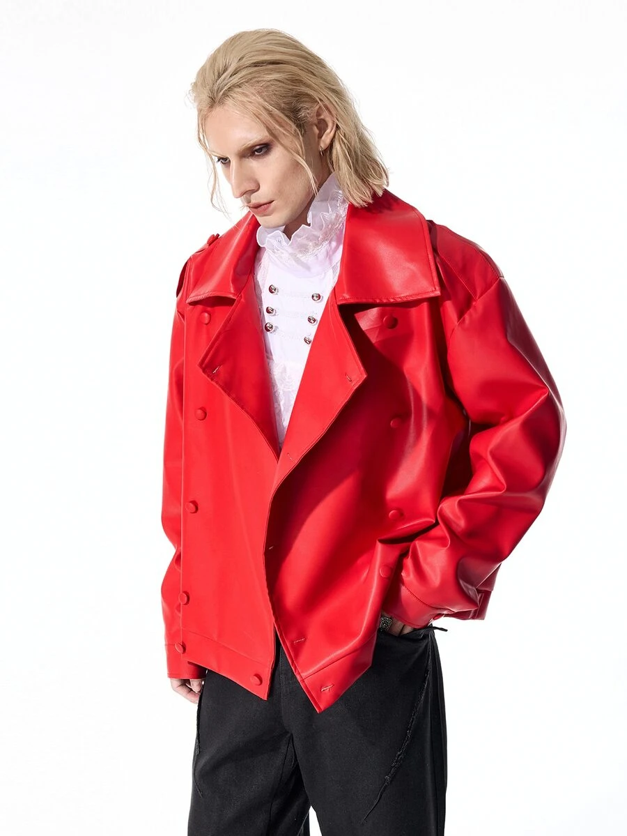 ROMWE MEN Street Life Men's Solid Color PU Leather Double-Breasted Long Sleeve Jacket - Red - View 1