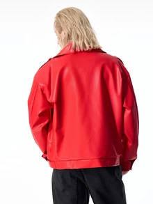 ROMWE MEN Street Life Men's Solid Color PU Leather Double-Breasted Long Sleeve Jacket - Red - View 3