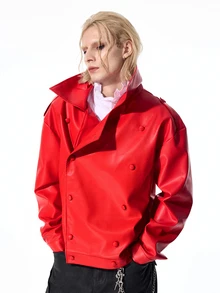 ROMWE MEN Street Life Men's Solid Color PU Leather Double-Breasted Long Sleeve Jacket - Red - View 9