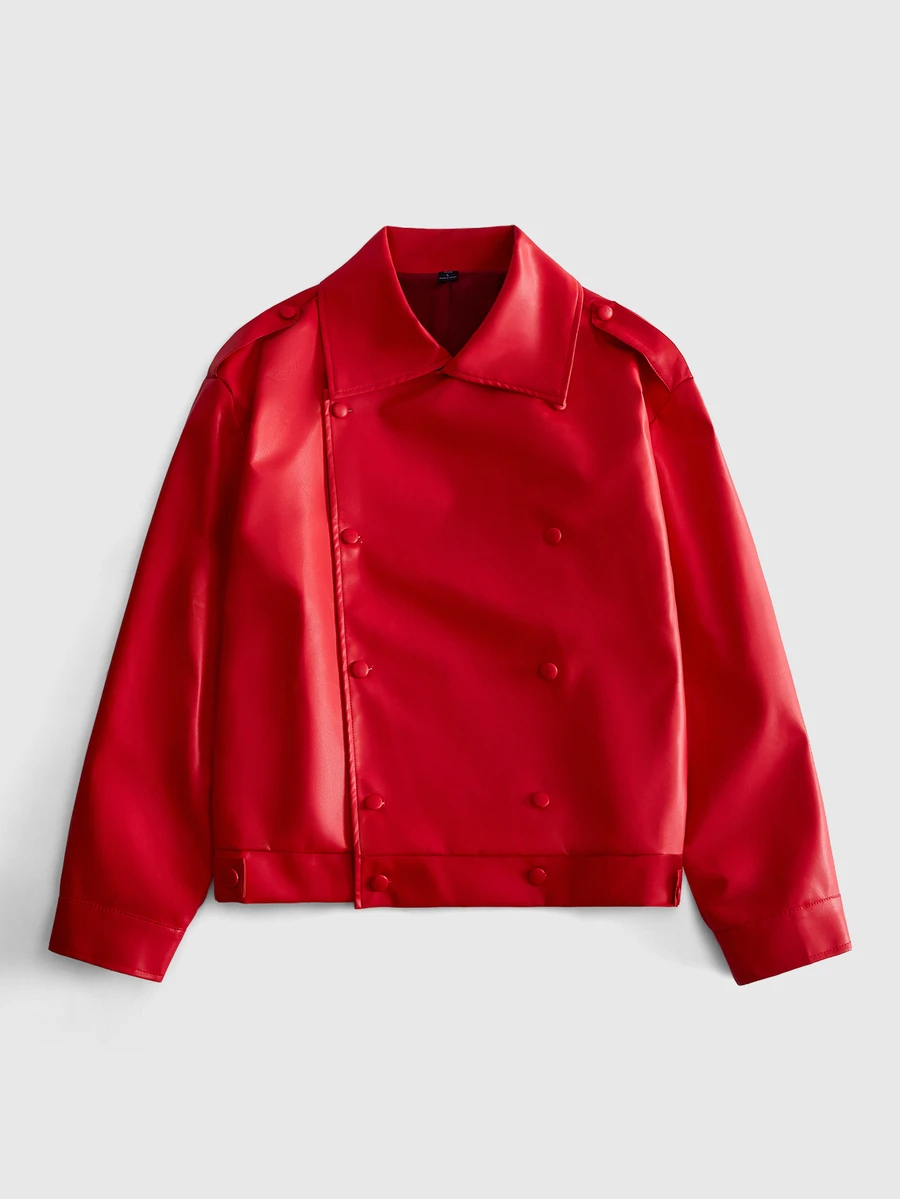 ROMWE MEN Street Life Men's Solid Color PU Leather Double-Breasted Long Sleeve Jacket - Red - View 1