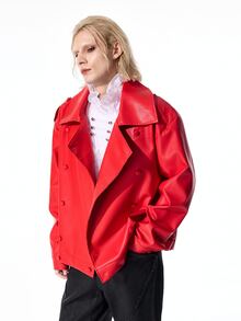 ROMWE MEN Street Life Men's Solid Color PU Leather Double-Breasted Long Sleeve Jacket - Red - View 5