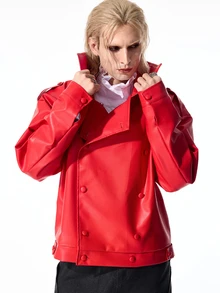 ROMWE MEN Street Life Men's Solid Color PU Leather Double-Breasted Long Sleeve Jacket - Red - View 4