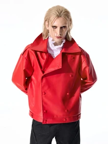 ROMWE MEN Street Life Men's Solid Color PU Leather Double-Breasted Long Sleeve Jacket - Red - View 6