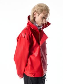 ROMWE MEN Street Life Men's Solid Color PU Leather Double-Breasted Long Sleeve Jacket - Red - View 8