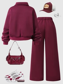 SHEIN 青少年女孩長袖抓絨秋季套裝 2件/組 返校季 酒紅色紐約字母圖案立領運動衫與長褲套裝 - 酒紅色 - 查看 3