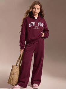 SHEIN 青少年女孩長袖抓絨秋季套裝 2件/組 返校季 酒紅色紐約字母圖案立領運動衫與長褲套裝 - 酒紅色 - 查看 2