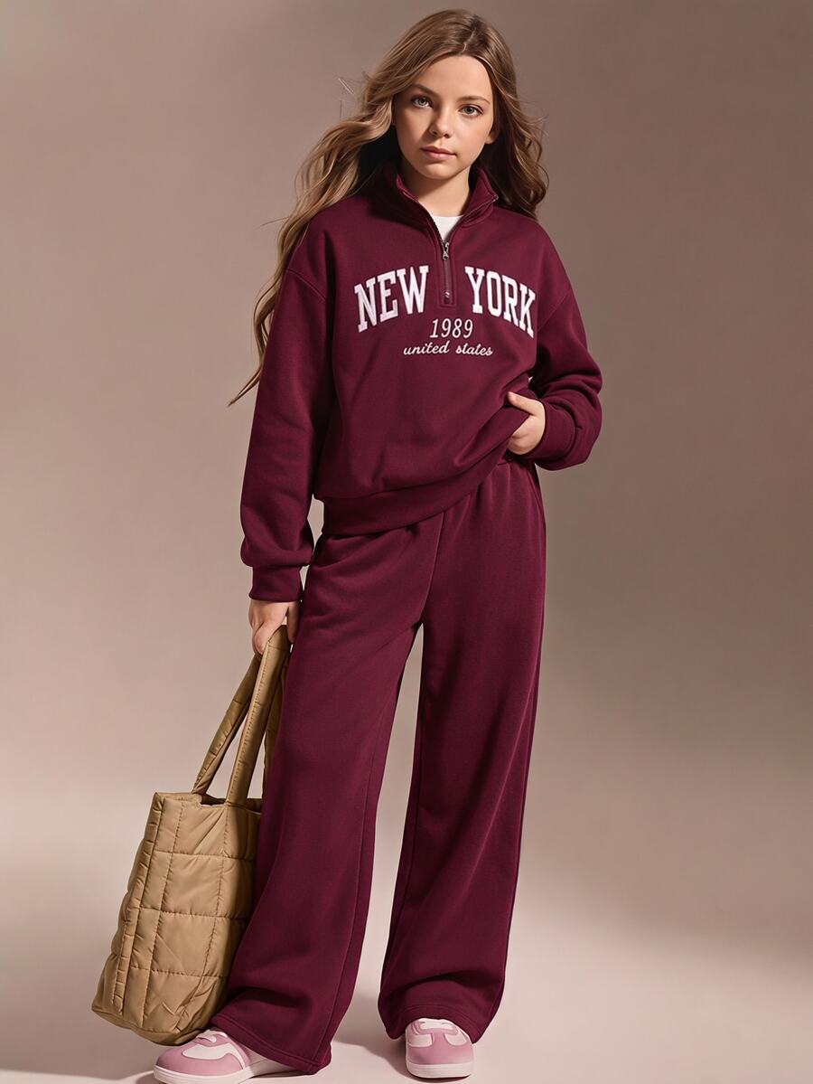 SHEIN 青少年女孩長袖抓絨秋季套裝 2件/組 返校季 酒紅色紐約字母圖案立領運動衫與長褲套裝