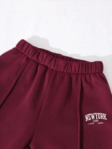 SHEIN 青少年女孩長袖抓絨秋季套裝 2件/組 返校季 酒紅色紐約字母圖案立領運動衫與長褲套裝 - 酒紅色 - 查看 7
