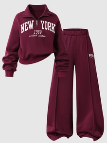SHEIN 青少年女孩長袖抓絨秋季套裝 2件/組 返校季 酒紅色紐約字母圖案立領運動衫與長褲套裝 - 酒紅色 - 查看 5