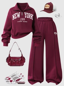 SHEIN 青少年女孩長袖抓絨秋季套裝 2件/組 返校季 酒紅色紐約字母圖案立領運動衫與長褲套裝 - 酒紅色 - 查看 9