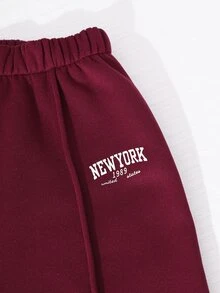 SHEIN 青少年女孩長袖抓絨秋季套裝 2件/組 返校季 酒紅色紐約字母圖案立領運動衫與長褲套裝 - 酒紅色 - 查看 8