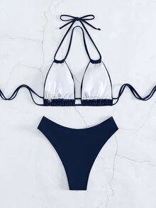 SHEIN Swim Conjunto de bikini de triángulo con espalda descubierta para playa del verano - Azul Marino - Ver 5
