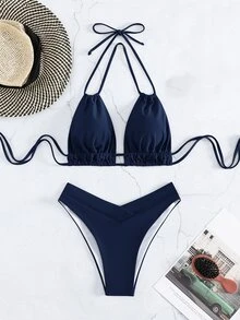 SHEIN Swim Conjunto de bikini de triángulo con espalda descubierta para playa del verano - Azul Marino - Ver 6