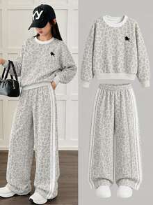 Teen Girl Leopard Print Long Sleeve Crew Neck Autumn Sweatshirt & Straight Leg Sweatpants 2 Pieces Set - Multicolor - View 1