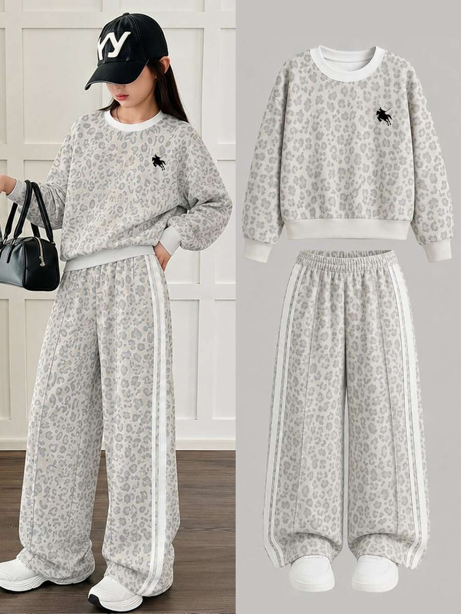 Teen Girl Leopard Print Long Sleeve Crew Neck Autumn Sweatshirt & Straight Leg Sweatpants 2 Pieces Set - Multicolor - View 1