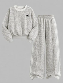 Teen Girl Leopard Print Long Sleeve Crew Neck Autumn Sweatshirt & Straight Leg Sweatpants 2 Pieces Set - Multicolor - View 6