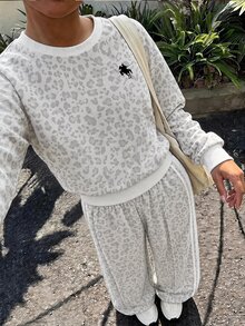 Teen Girl Leopard Print Long Sleeve Crew Neck Autumn Sweatshirt & Straight Leg Sweatpants 2 Pieces Set - Multicolor - View 5