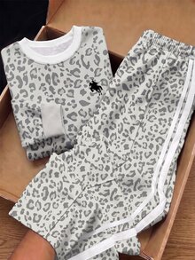 Teen Girl Leopard Print Long Sleeve Crew Neck Autumn Sweatshirt & Straight Leg Sweatpants 2 Pieces Set - Multicolor - View 3