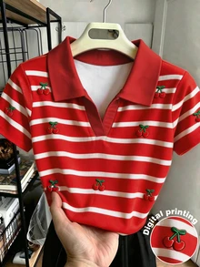 Resyla 女款休閒短袖條紋櫻桃刺繡T恤 - 紅色 - 查看 1
