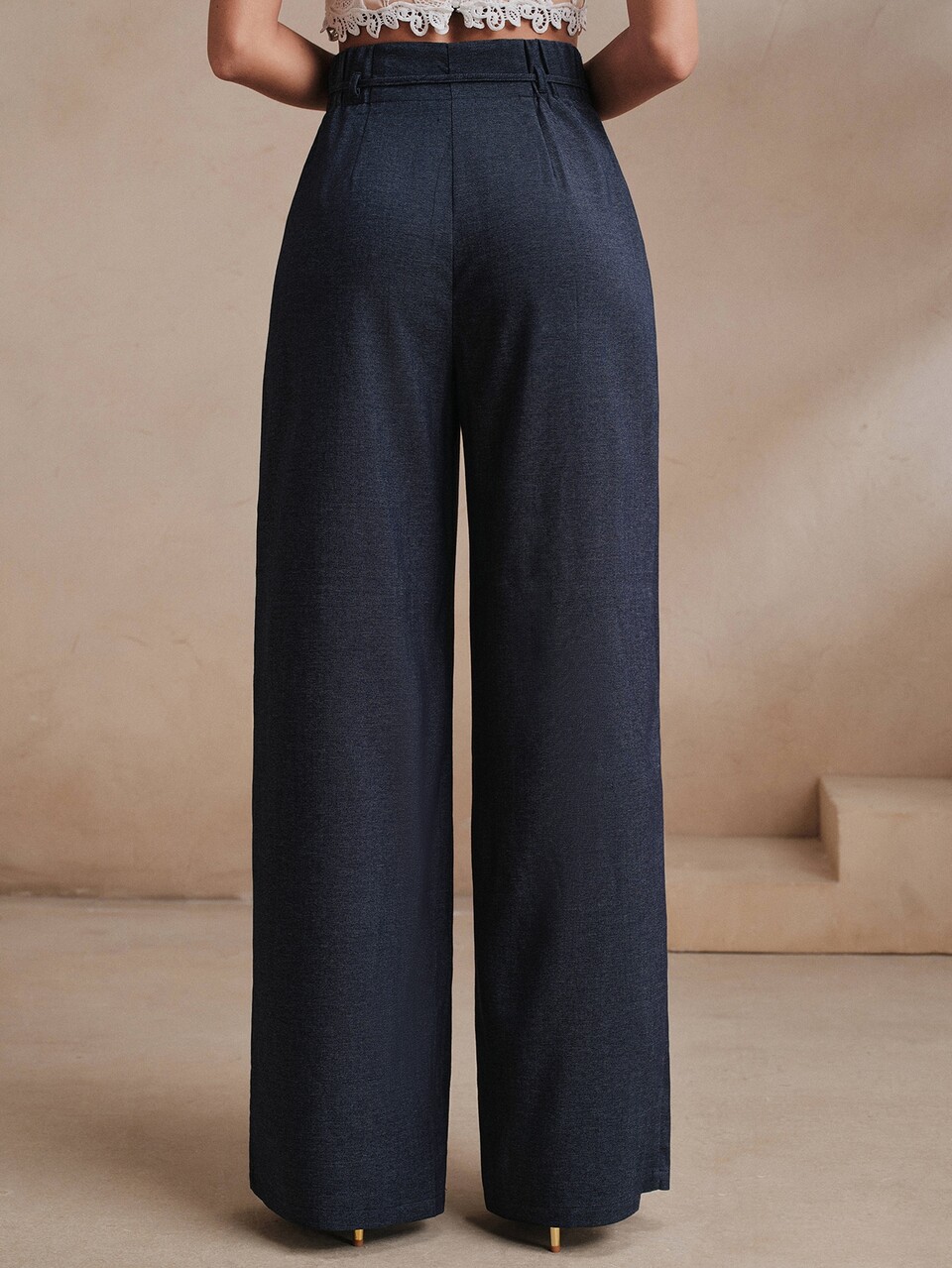 Anewsta Women's New Ruffle Hem Denim Effect Wide Leg Long Pants, Suitable For Office Commute Wear, Elegant Style