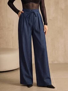 Anewsta Essential Women's New Ruffle Hem Denim Effect Wide Leg Long Pants, Suitable For Office Commute Wear, Elegant Style - Navy Blue - View 7