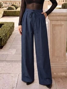 Anewsta Essential Women's New Ruffle Hem Denim Effect Wide Leg Long Pants, Suitable For Office Commute Wear, Elegant Style - Navy Blue - View 6