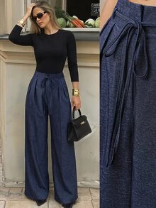 Anewsta Essential Women's New Ruffle Hem Denim Effect Wide Leg Long Pants, Suitable For Office Commute Wear, Elegant Style - Navy Blue - View 2