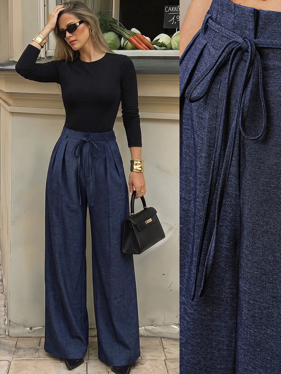 Anewsta Essential Women's New Ruffle Hem Denim Effect Wide Leg Long Pants, Suitable For Office Commute Wear, Elegant Style