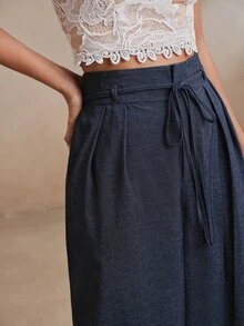 Anewsta Essential Women's New Ruffle Hem Denim Effect Wide Leg Long Pants, Suitable For Office Commute Wear, Elegant Style - Navy Blue - View 4