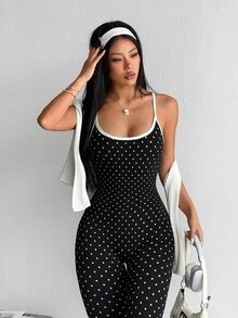 SHEIN Dewbera Jumpsuit Olahraga Tanpa Punggung dengan Detail Silang Motif Polkadot - Hitam - View 5