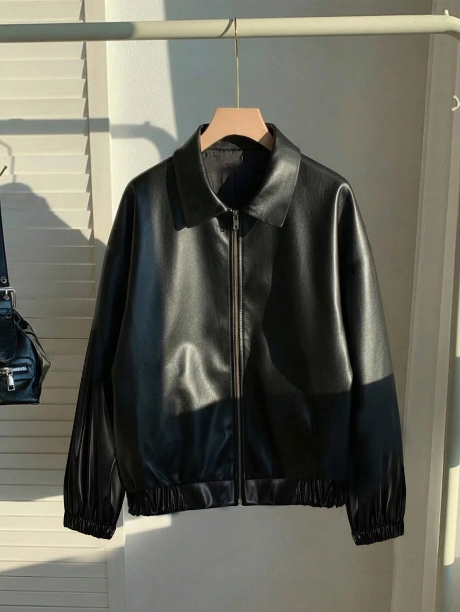 SHEIN Teen Girls Coat Fleece Fall Clothes Fall Long Sleeve Black Winter Matrix Streetwear Dance Zip Up Jacket,PU Material With Premium Sheen