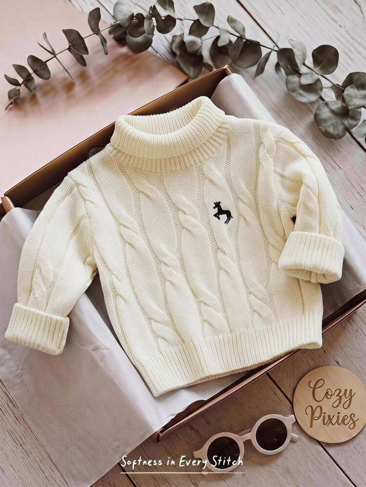 Cozy Pixies Baby Girl White Cable Knit Textured High Neck Sweater With Deer Embroidery - Black and White - View 1