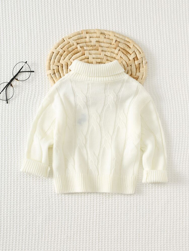 Cozy Pixies Baby Girl White Cable Knit Textured High Neck Sweater With Deer Embroidery - Black and White - View 2
