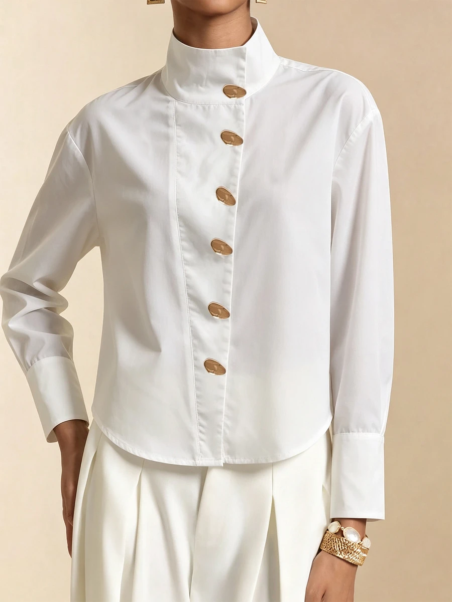 Vesra Women's Fashion Casual White Stand Collar Shirt - White - View 1