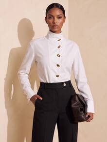 Vesra Women's Fashion Casual White Stand Collar Shirt - White - View 3