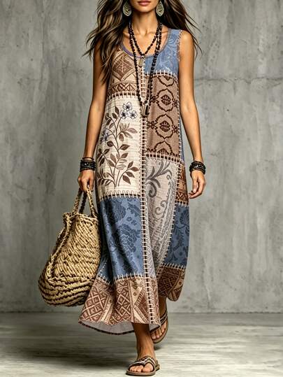 Glimmora Patchwork Retro Printed Sleeveless Spaghetti Strap Dress Women Bohemian Loose Linen Vacation Flattering Long Dress