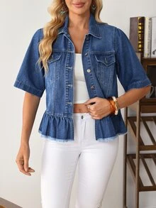 EMERY ROSE Women's Short Sleeve Single-Breasted Ruffle Hem Denim Jacket - Blue - View 3