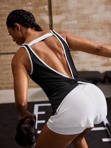Powerista Women's Black And White Contrast Backless Sports Tank Top - Black - View 2