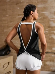 Powerista Women's Black And White Contrast Backless Sports Tank Top - Black - View 4