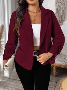 SHEIN LUNE Plus Size Women Casual Waist Cinched Short Lightweight Jacket Fall - Burgundy - View 3