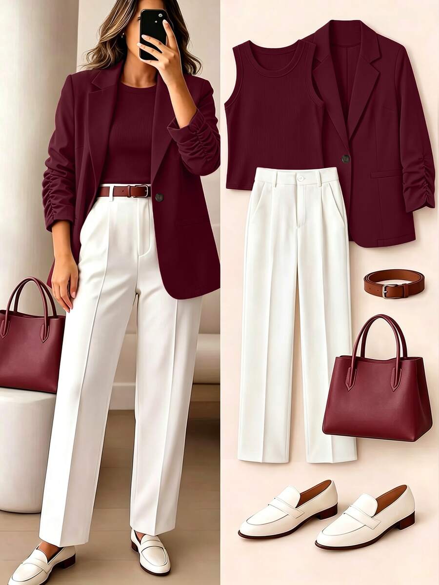 SHEIN LUNE Plus Size Women Casual Waist Cinched Short Lightweight Jacket Fall - Burgundy - View 1