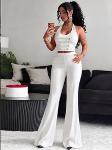 BamGleam Women's Solid Color Halter Top And High-Waisted Leggings Casual Daily Sports Set - White - View 4